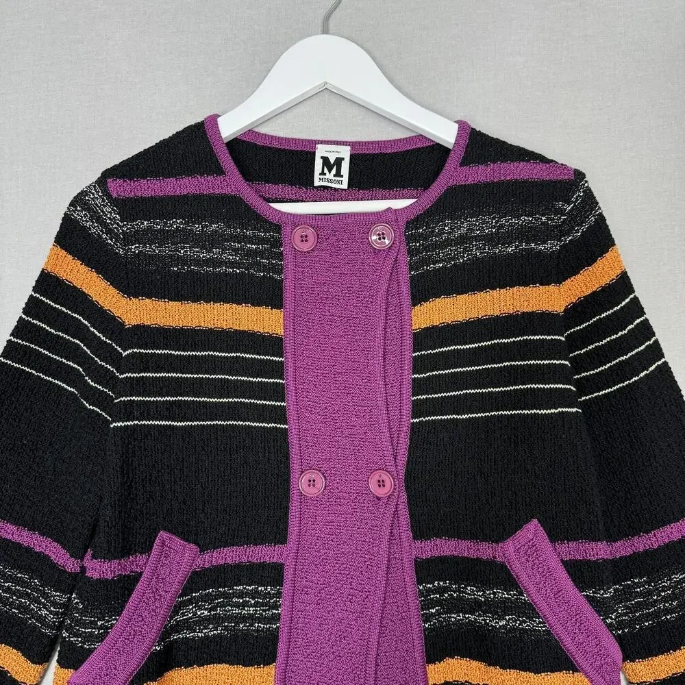 Missoni Sweater Womens 8‎ Black Purple Striped Cardigan Pockets Made in Italy